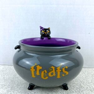 Halloween Candy Dish Black Cat Fishing A Gold Fish Bowl Grassland Road Gray